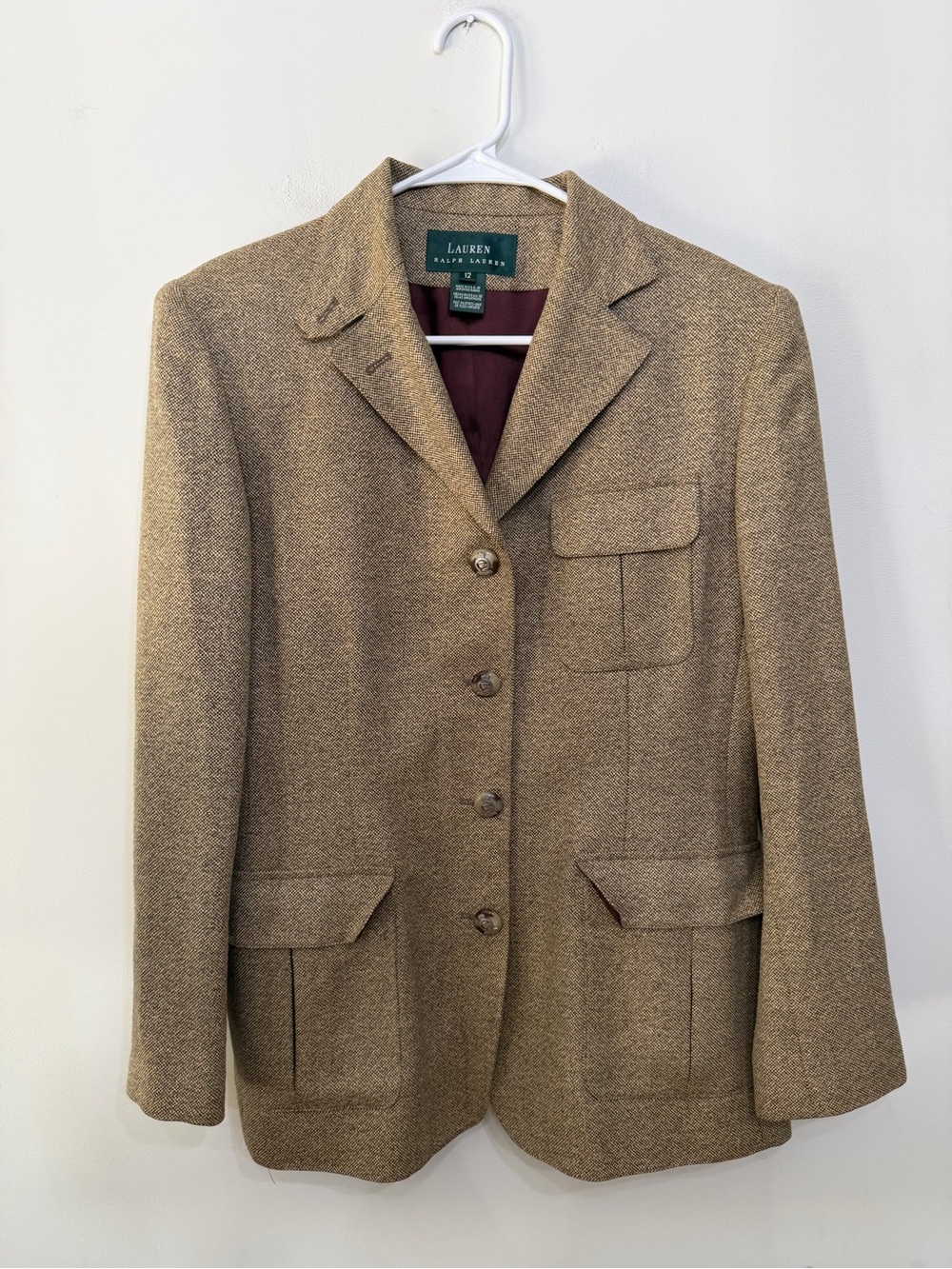 Lauren Ralph L Tweed Equestrian Blazer Silk Linen Wool Crest Button Women’s 12